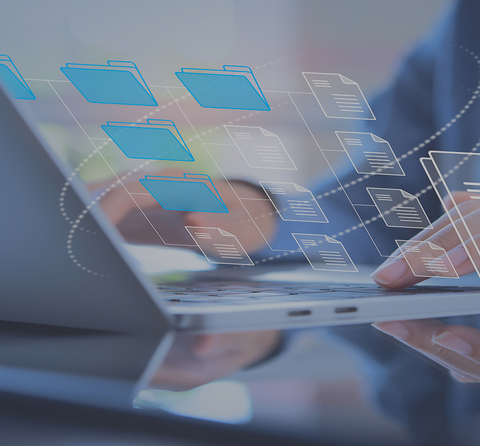 Person interacting with abstract floating data icons — Information pillar